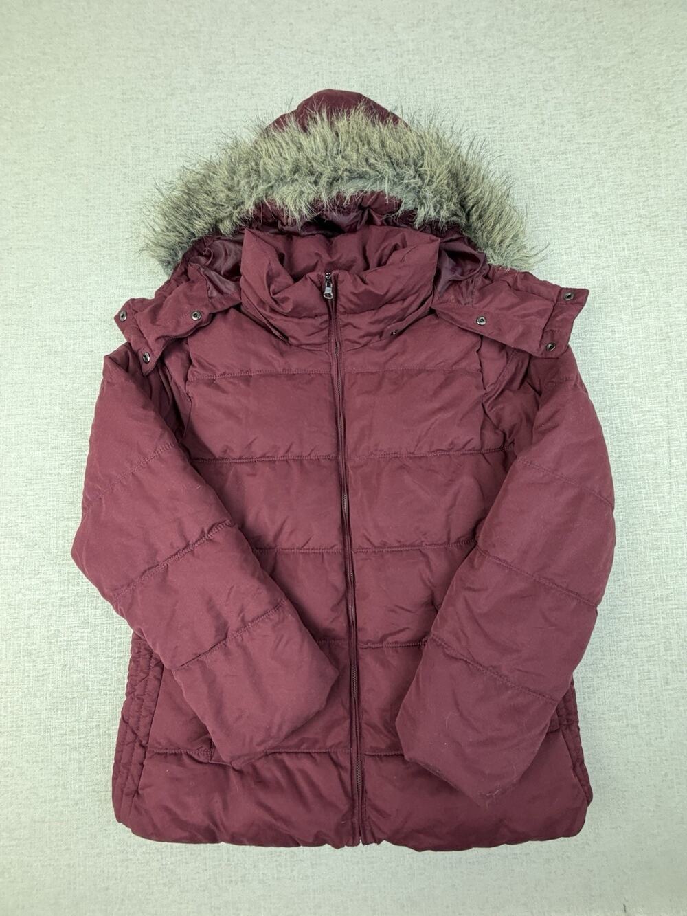 Old Navy Women’s Puffer Jacket XL Burgundy Faux Fur Hood Winter Coat